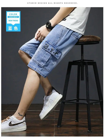 Denim Knee Length Shorts - Casual Loose Fit Multi Pocket Boyfriend Style Jeans
