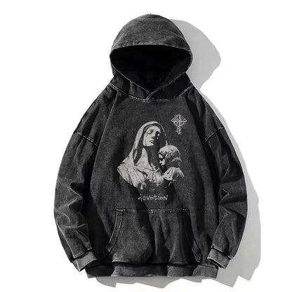 Vintage PSALM 91:11 Print Cotton Washed Hoodie Casual Hip Hop Men Women High Street Retro Hooded Sweatshirt Winter Pullover