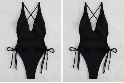 Fashion Solid Deep V Neck One Piece Swimsuit Women Yellow White Hollow Out Pleate Swimwear Beach Bandage Bathing Suit Monokini