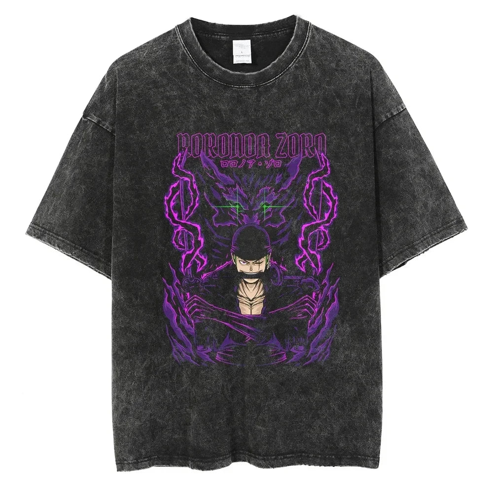 One Piece T-shirts Graphic Men Casual Oversized Washed Harajuku T-shirt Washed Japanese Anime Loose Streetwear Black Tops Tees