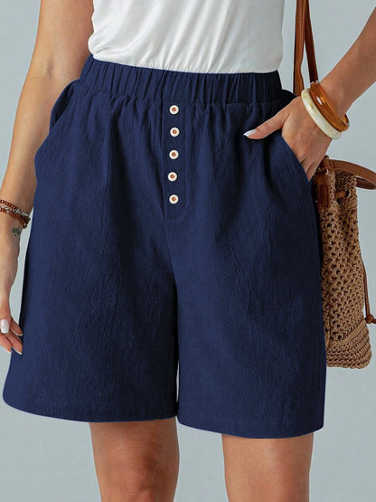 Summer Ladies Casual Loose Pocket Buttoned Linen Shorts Comfortable Breathable Loose Fit Short Pants for Women