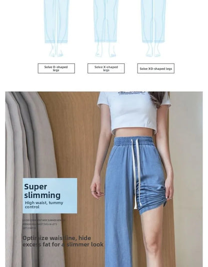 Summer Thin Soft Silk Loose Straight Leg Jeans Women's High Waist Wide Leg Pants Comfortable Breathable Casual Trousers
