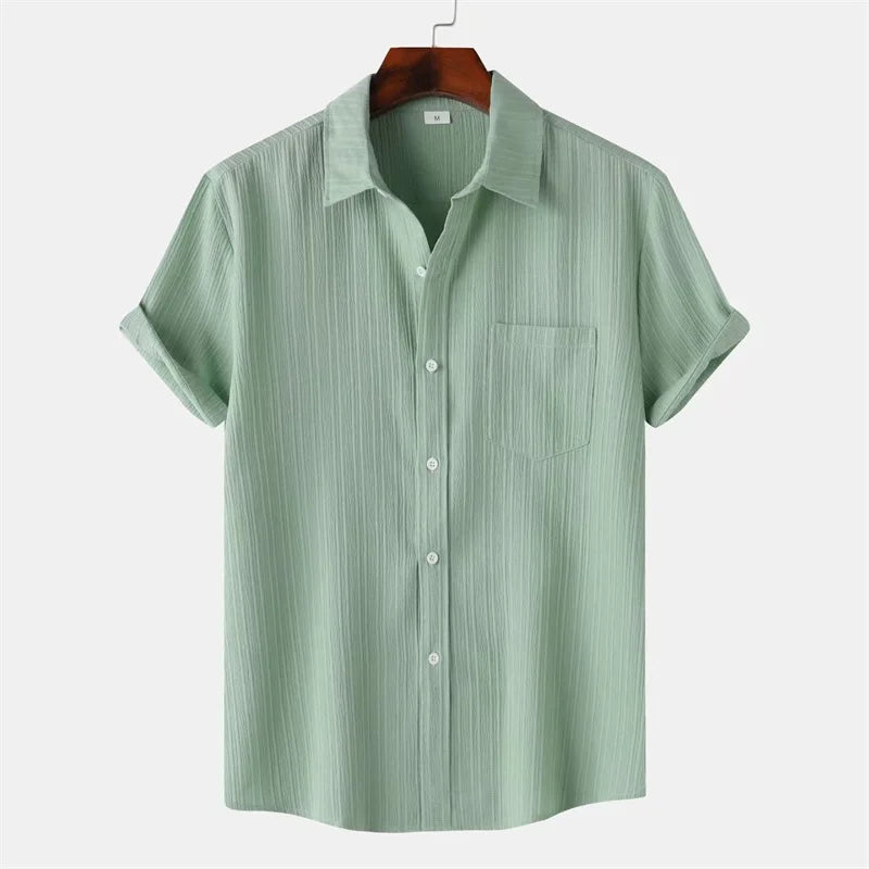 New 9 Color Men's Solid Striped Shirt Summer Fashion Short Sleeve Flap Top Men Casual Holiday Everyday Men