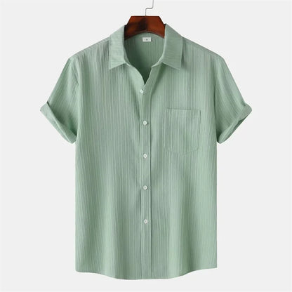 New 9 Color Men's Solid Striped Shirt Summer Fashion Short Sleeve Flap Top Men Casual Holiday Everyday Men
