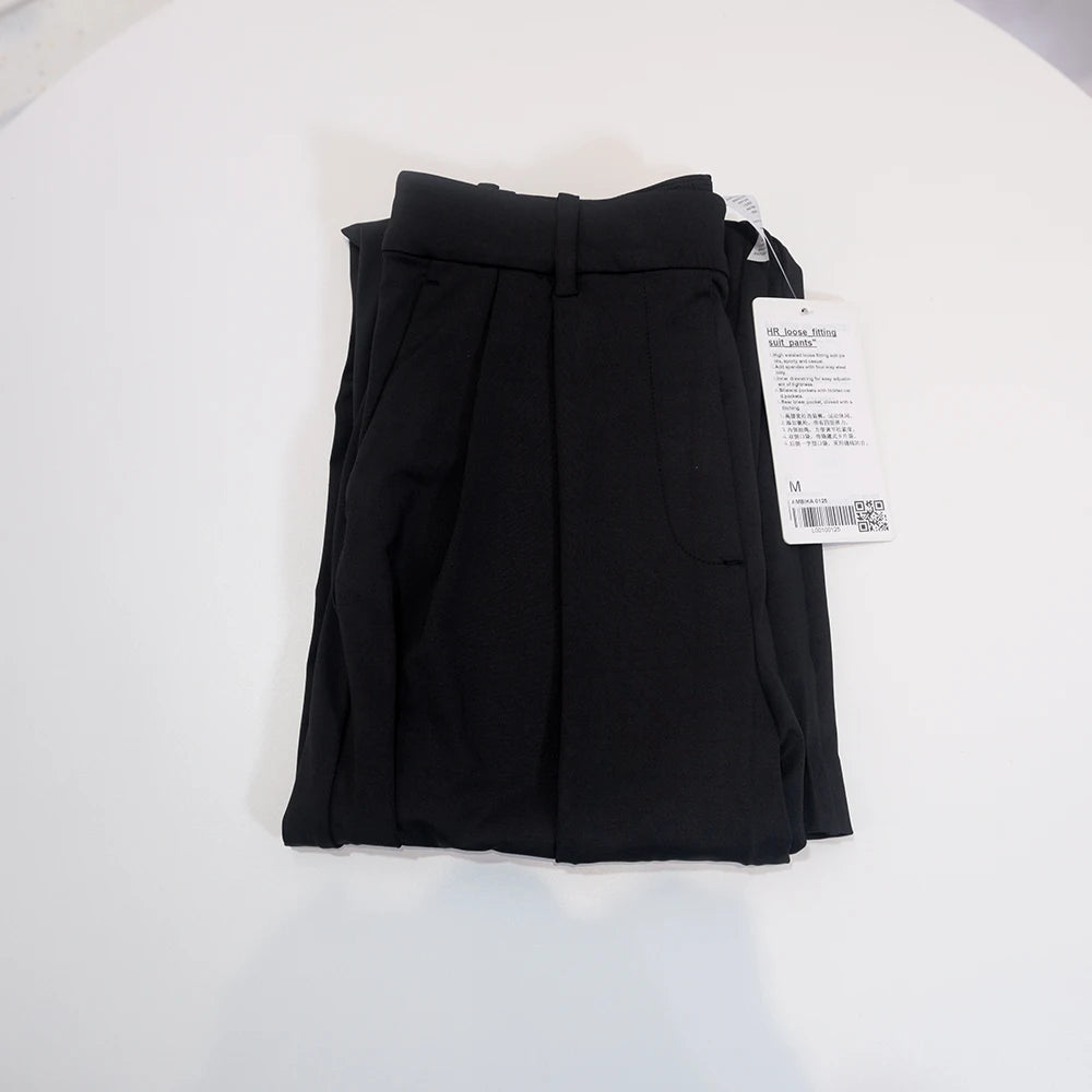 Pocketed suit pants with pleats, cool feeling, versatile wide-legged, long pants, casual, straight-cut, elastic waist