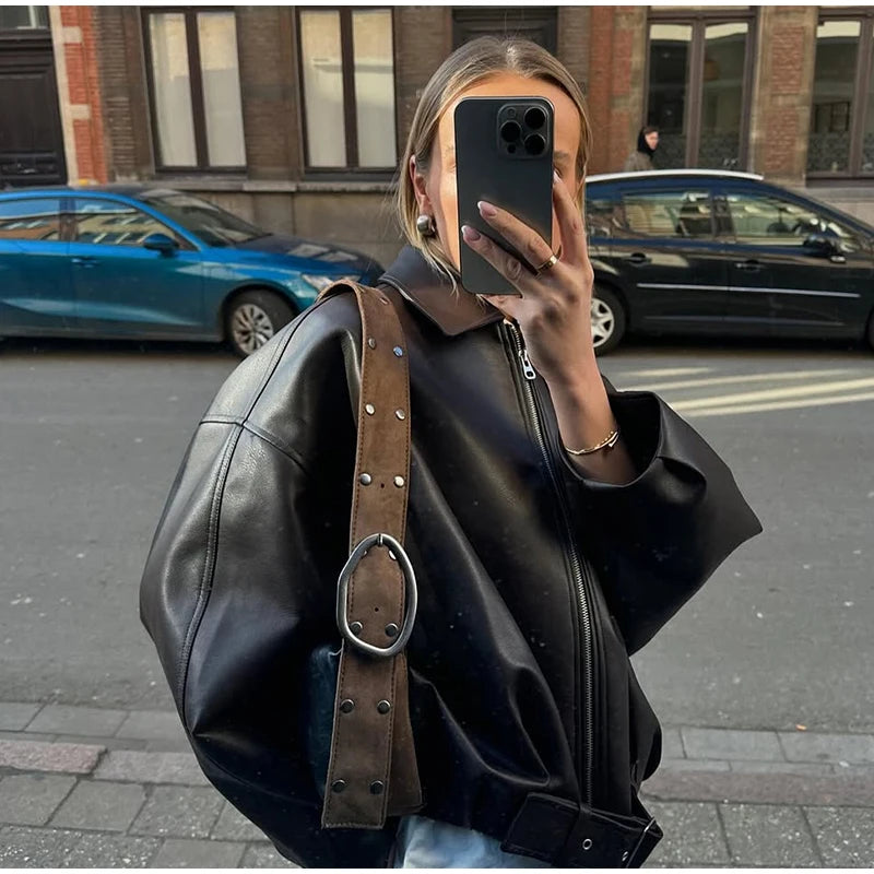 Vintage Leather Bomber Jacket – Women's PU Leather Zip Jacket With Belt & Patchwork Design