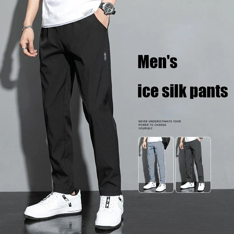 Ice Silk Male Pants 2026 Summer New Black Gray Thin Business Casual Pants Outdoor Elastic Breathable Straight Leg Sweatpants