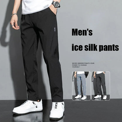 Ice Silk Male Pants 2026 Summer New Black Gray Thin Business Casual Pants Outdoor Elastic Breathable Straight Leg Sweatpants