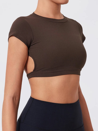 Women Crop Top - Backless Sports Crop Tee With High Compressive Waistband