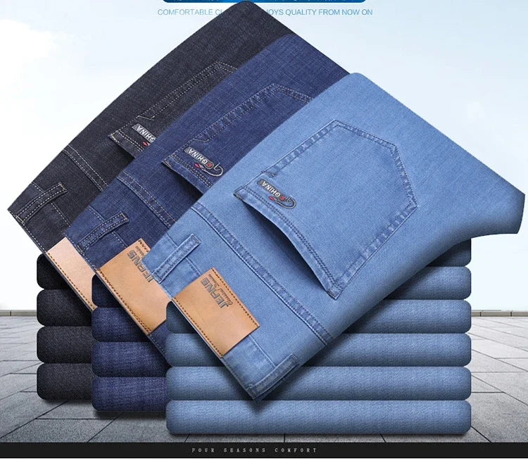 Mens Lightweight Blue Denim Jeans - Stretch Cotton Straight Pants for SpringSummer Casual Wear - ZOOMNSTORE