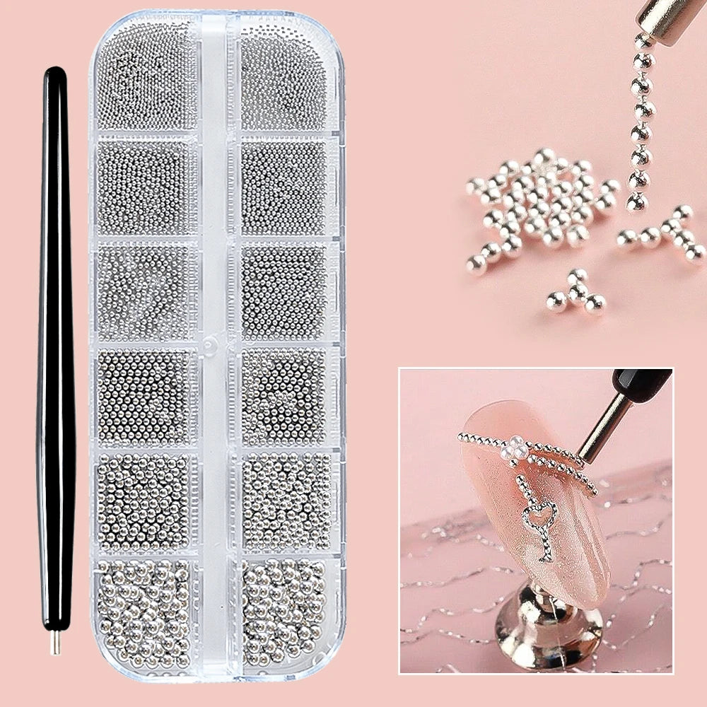 Mini Caviar Beads Nail Art Set - GoldSilver Micro Ball Charms with Magnetic Pen