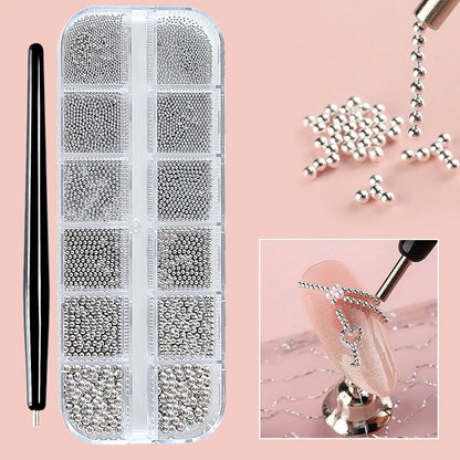 Mini Caviar Beads Nail Art Set - GoldSilver Micro Ball Charms with Magnetic Pen