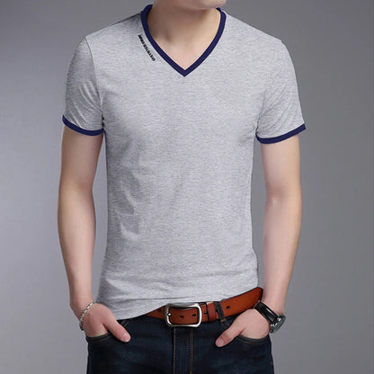 Men's V-Neck T-Shirt - Breathable Polyester Casual Tee, Solid Color Summer Top