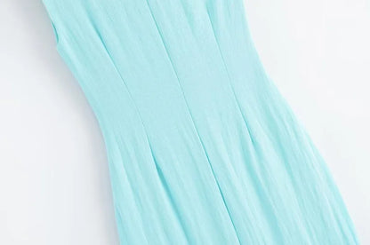 ETJ 2025 summer new  women's elegant sexy fashion metal buckle inlaid asymmetrical pleated MIDI dress