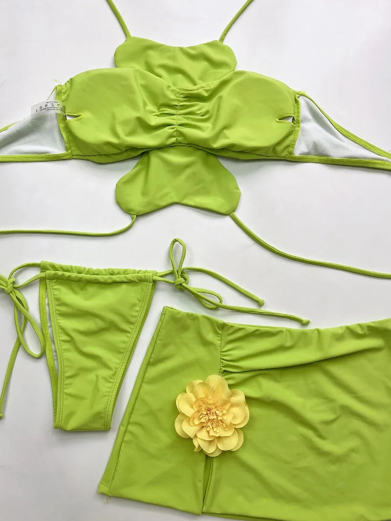 3 Piece Bikini Set - Halter Neck Floral Swimwear With Skirt & Wire Free Support