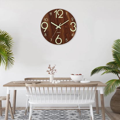 Luminous 12 Inch Silent Wall Clock - Nordic Wood Design with Night Light