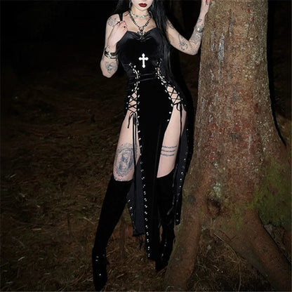 Goth Dark Punk Grunge High Split Hem Straps Dess 90s Streetwear Gown Women Sexy Corn Bandage Velvet Dresses Mall Gothic Clothing
