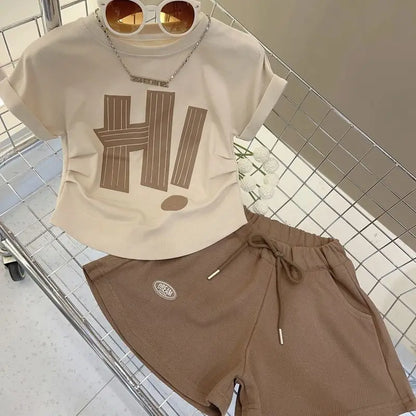 Girls Print Sets Summer Children Short-sleeved Suits Teenage Letter T-shirt+Shorts 2 Pcs Kids Clothing Tracksuit Outfits 3-12Y
