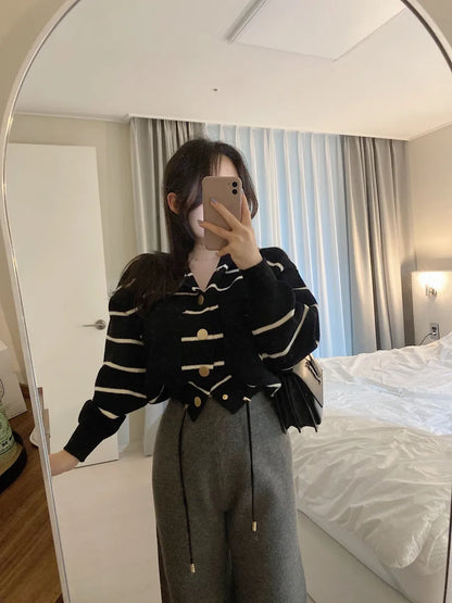 Loose Women's Knitted Cardigan Coat with Big Pockets Striped Splicing Drawstring Hem Single Buttoned Open Front Sweater