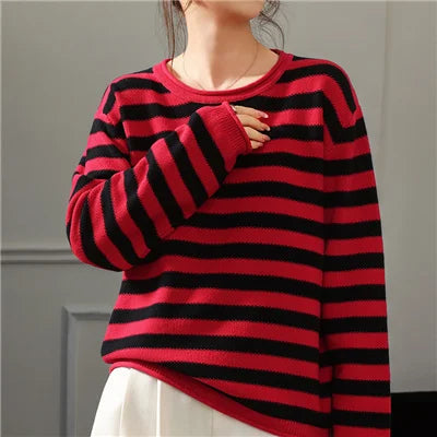 Fashion 100% pure cotton women's sweater autumn and winter casual striped knitted top loose Korean round neck women's pullover