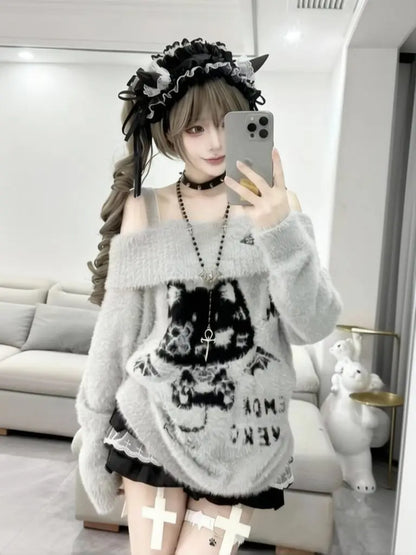 Kawaii Cat One Shoulder Black Sweater Women Off Shoulder Long Graphic Knitted Top Autumn Pollovers Turn Collar Knitwear