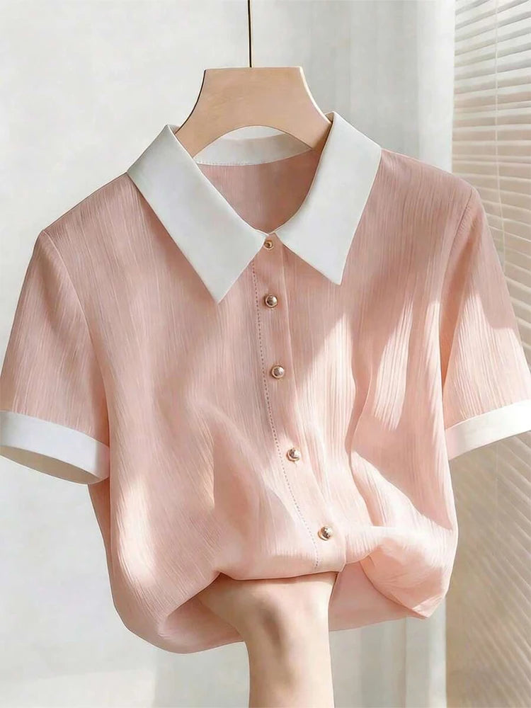 Summer Women Short Sleeve Chiffon Blouse Elegant Contrast Collar Pearl Button Office Casual Textured Breathable Fashion Tops