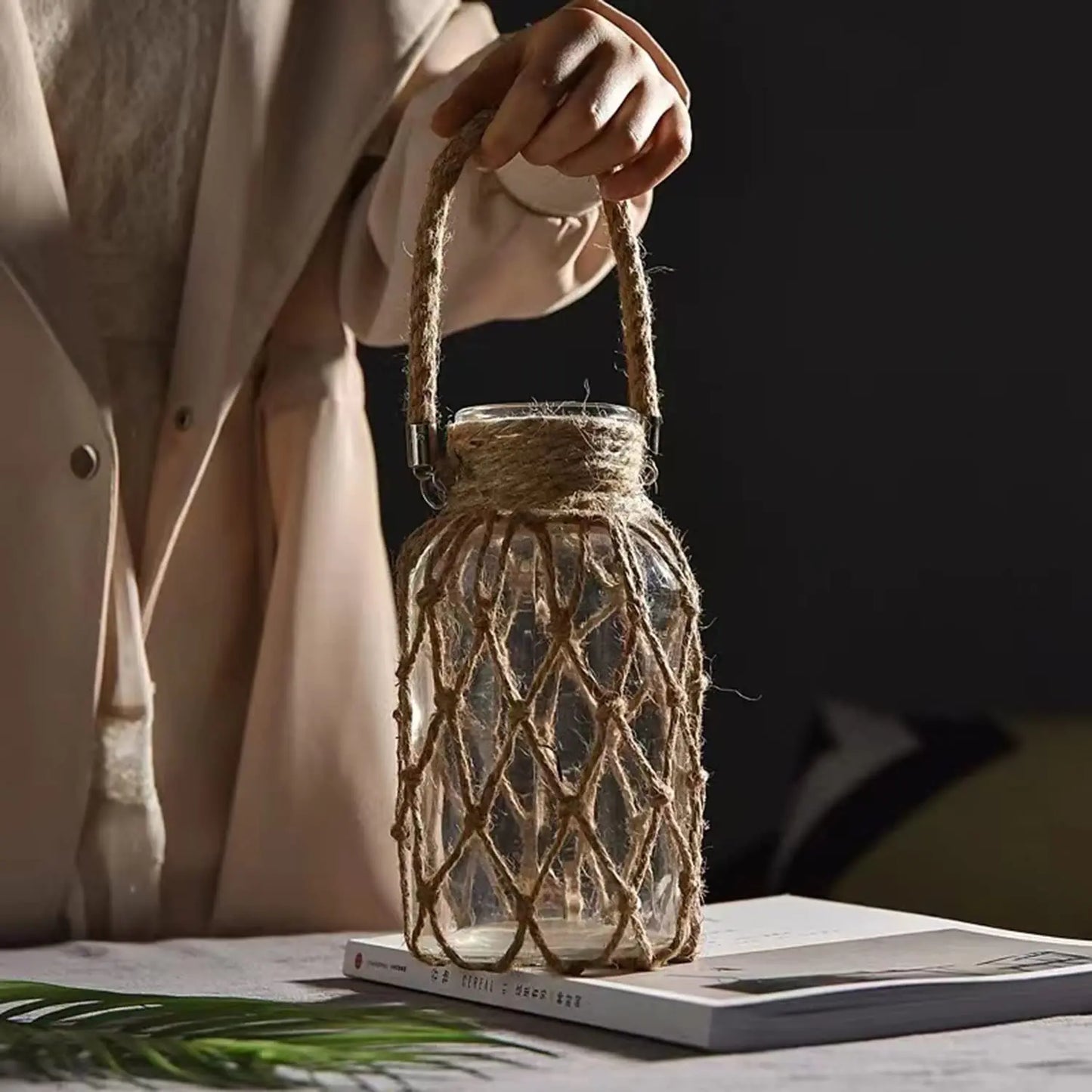 Hand Woven Hemp Rope Glass Vase - Boho Nordic Dry Flower Decor