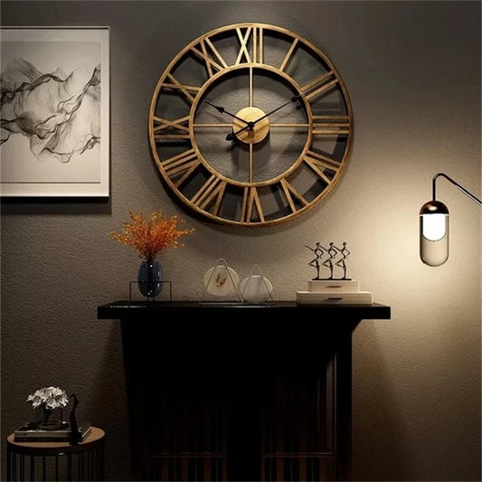 Modern 3D Large Wall Clock - Retro Roman Numerals Silent Metal Decoration