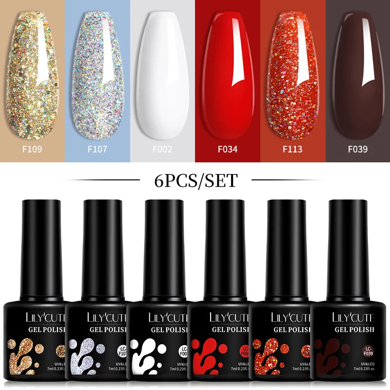 Bright Pink Gel Nail Polish Set - 6Pcs 7ML Semi-Permanent Soak Off UVLED Varnish Kit