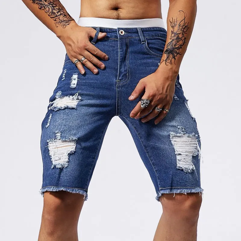 Summer Ripped Jeans Men Stretch Denim Shorts Male Short Jeans Slim Straight Shorts Fashion Black Jeans Man Clothes Streetwear
