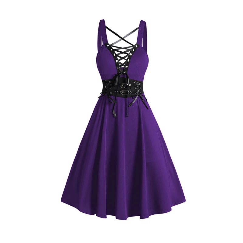 2025 Womens Gothic Dresses Sets Solid Color Open Front Crop Jacket and Lace Up Buckle Strap Crisscross Dress Outfit