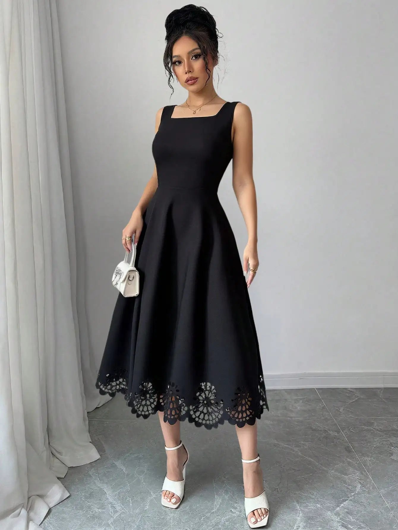 Minimalist Black Fit-and-Flare Dress Square Neck Sleeveless Laser Cut Lace Hem Casual Wedding Guest Dress