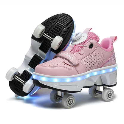 Girls Roller Skate Shoes - Pink Lighted Skates With Hook And Loop Closure