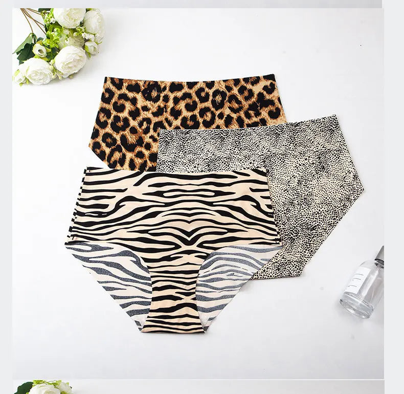 3pcs Women's Seamless Ice Silk Panties Female Mid Waist Plus Size Leopard Print Underwear Girls Fashion Brief Lady Comfort Panty