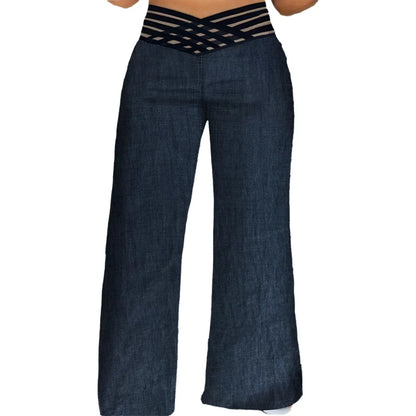 Plus Size Women's Jeans High Waist Crisscross Mesh Wide Leg Denim Bottoms Casual Spring Summer Stretchy Bottoms