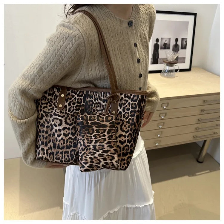 Leopard Print Tote Bag - Women's PU Leather Large Capacity Casual Travel Purse