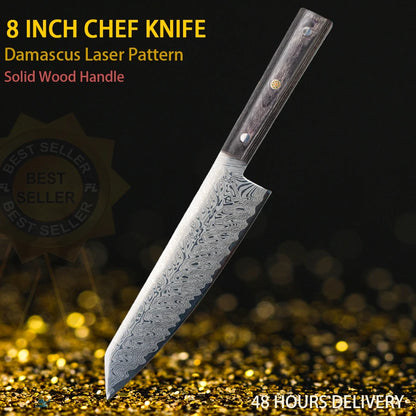 Damascus Chef Knife - Japanese Santoku Slicing Knife with Solid Wood Handle