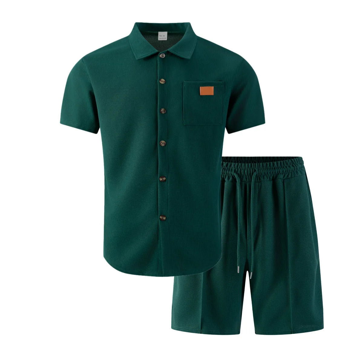 Summer New Men Waffle Knit Polo Solid Color Lapel Short Sleeve Cardigan Shirt Pocket Shorts Set Casual 2 Piece Outfit For Male