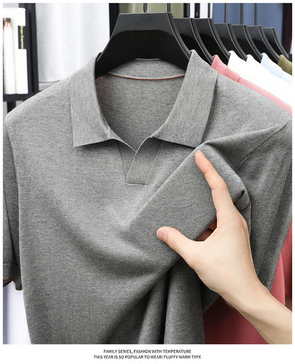 100%  Lyocell Knitwear 2025 Men Spring Summer Trendy Turn Down Collar Knit Tees Short Sleeve Breathable Knit Tops