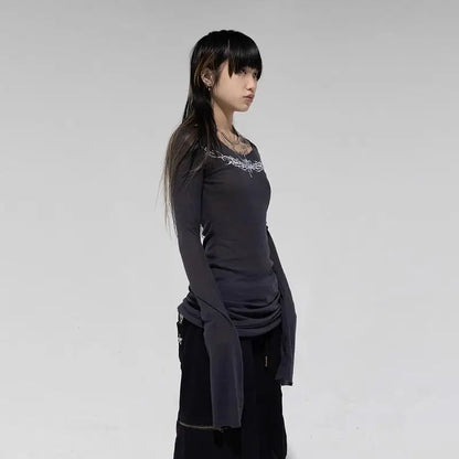 Seeslim Gothic Graphic T Shirts Women Long Sleeve Korean Fashion 2000s Clothes Y2k Slim Spring Autumn Tops Tees Female Clothing