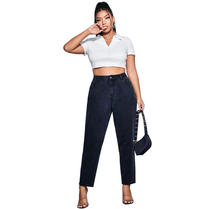 Plus Size Women Jeans Autumn Dark Blue 175cm Tall Stretchy and Loose Washing Straight 6XL 100Kgs Curve Lady Thin Lady Denim Pant