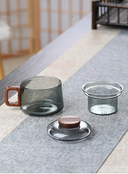 Heat Resistant Glass Tea Infuser Cup - 200ml Teacup with Wood Handle and Filter for Kung Fu Tea Set - ZOOMNSTORE