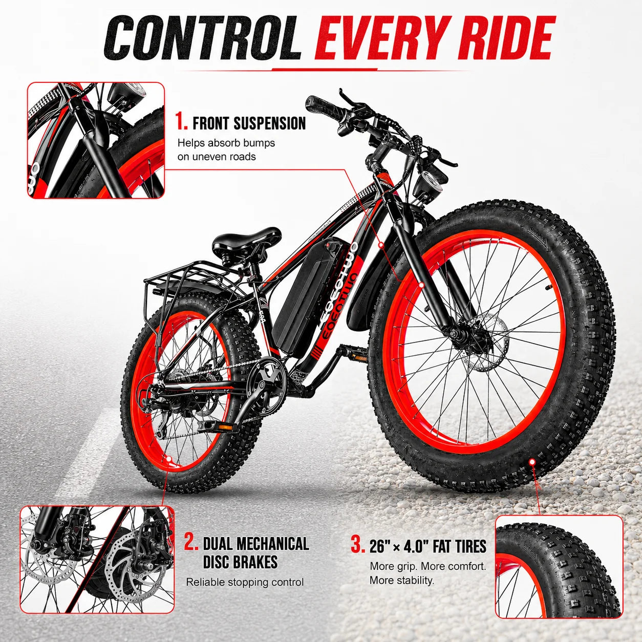 Electric Bike for Adults 1500W Peak, 34MPH 26" Fat Tire Ebike, 48V 15Ah Long Range Battery, All-Terrain Mountain Commuter E-Bike