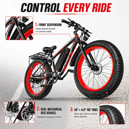 Electric Bike for Adults 1500W Peak, 34MPH 26" Fat Tire Ebike, 48V 15Ah Long Range Battery, All-Terrain Mountain Commuter E-Bike