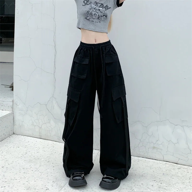 High Quality 2025 Cotton High Street Cargo Pants for Women Men with Ribbon High Waist Wide Leg Hip-hop Cool Dances Pants Ladies