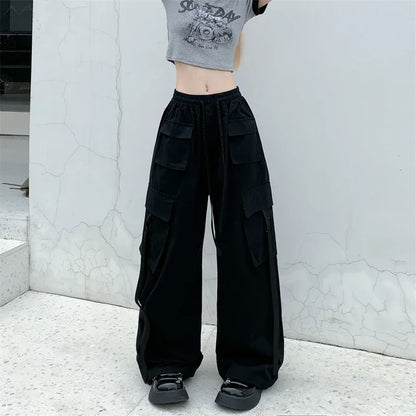 High Quality 2025 Cotton High Street Cargo Pants for Women Men with Ribbon High Waist Wide Leg Hip-hop Cool Dances Pants Ladies