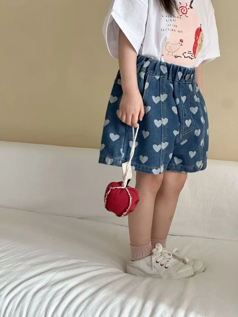 Heart Print Denim Shorts - Casual Knee-Length Shorts for Kids 1-8Y - ZOOMNSTORE