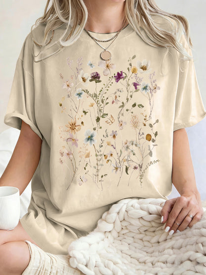 Beautiful Flower Clusters Printing Woman T-Shirt Summer Oversized Short Sleeve O-Neck Cotton T Shirts Y2K Women Sports Tops