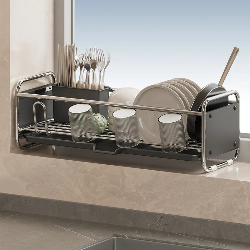 Stainless Steel Dish Rack | Narrow Kitchen Utensil Drainer & Countertop Cutlery Holder