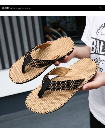 Men's flip flops summer new lightweight rubber woven slippers fashion casual outdoor sandals breathable anti slip beach shoes